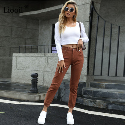 Women's Streetwear Cotton Elastic Waist Brown Jean Pants Women Denim Trousers With Pockets Spring Stretch Jeans The Clothing Company Sydney