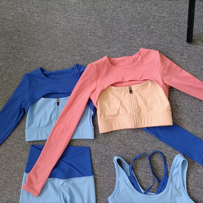 Layered Look Long Sleeve Yoga Crop Top Wrap V Waist Leggings Layered Cut Out Sports Bra Contrast Waist Shorts The Clothing Company Sydney