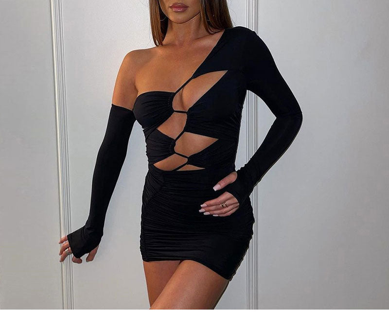 One Shoulder Bandage Bodycon Dress Long Sleeve Cut Out Mini Black Party Dresses Club Wear The Clothing Company Sydney