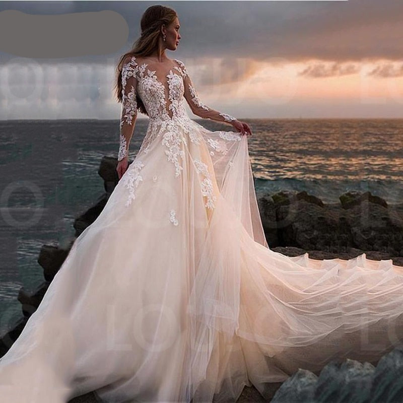 Illusion Long Sleeves A-line Lace Appliqued Ball Gown Wedding Gowns Boho Bridal Beach Wedding Dress The Clothing Company Sydney
