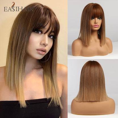Short Straight Bob Wigs with Bang Golden Brown Natural Synthetic Hair for Women Daily Cosplay Heat Resistant Fiber Wigs The Clothing Company Sydney