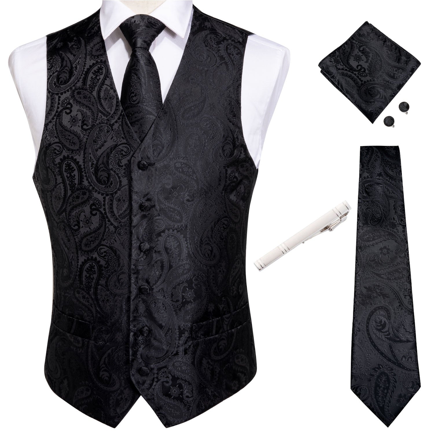 5 Piece Classic Black Wedding Vest for Men Silk Suit Vest Tie Ring Cufflinks Hanky Set for Party Formal Dress Business Casual Waistcoat The Clothing Company Sydney