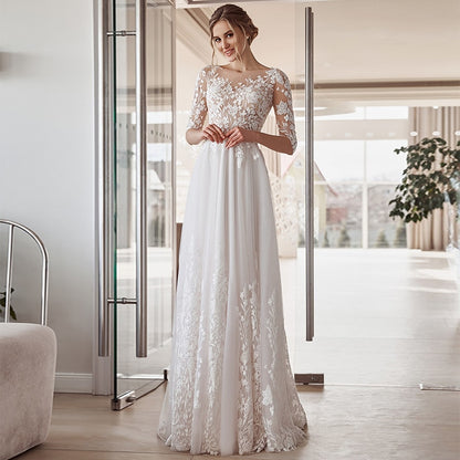 Half Sleeve Floor Length A-Line Wedding Dress Lace Appliques O-Neck Vintage Civil Bridal Gown With Button Back Tulle Dress The Clothing Company Sydney