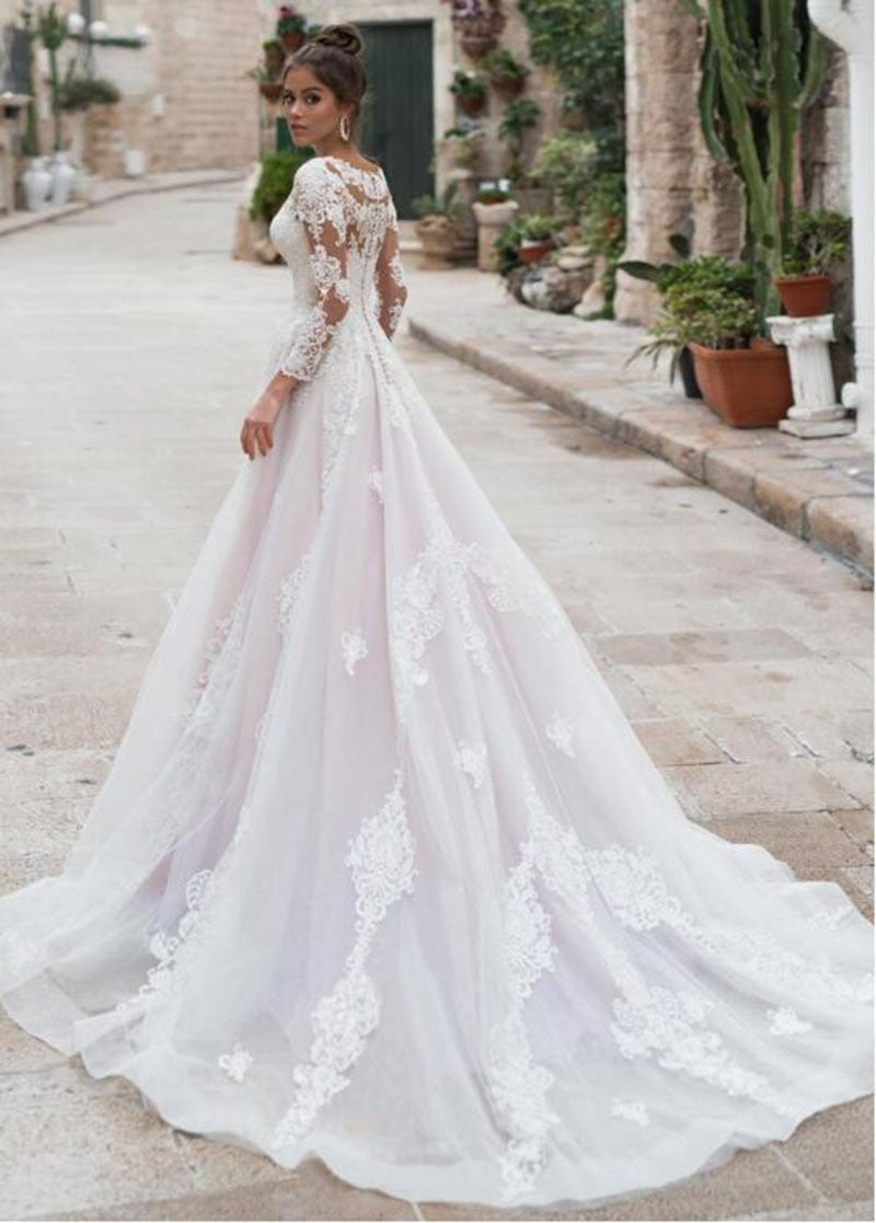 Boho A-line Wedding Dresses Pink Long Sleeves Lace Appliques Tull Bridal Dress Wedding Gown The Clothing Company Sydney