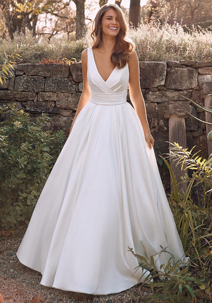 Sleeveless Strap A-Line Deep V Neck Wedding Dress Simple Satin Court Train Wedding Bride Dress The Clothing Company Sydney