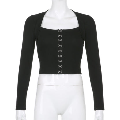 Streetwear Square Neck Hook Cotton Aututmn T-shirts Bodycon Gothic White Crop Tops Tees Long Sleeve T shirt The Clothing Company Sydney