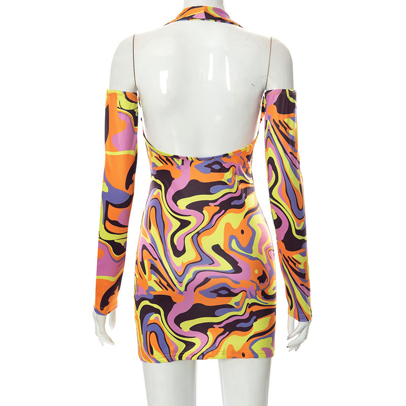 Print Halter Neck Cut Out Bodycon Mini Half Sleeve Backless Stretchy Summer Y2K Dress The Clothing Company Sydney