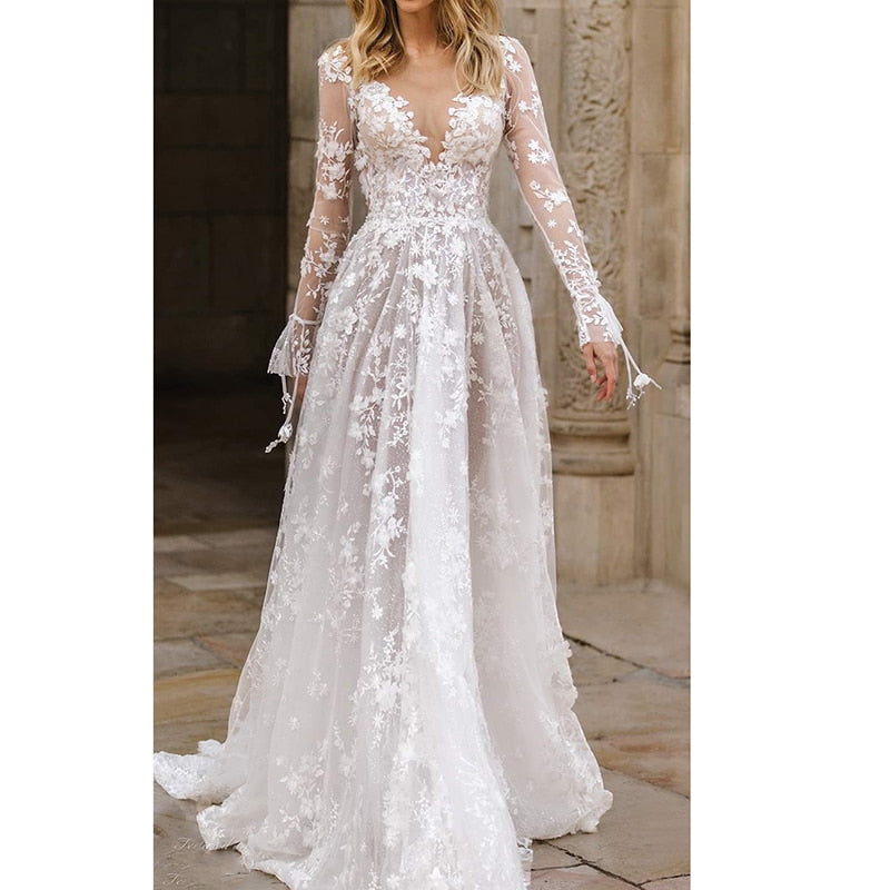 Summer Maxi Party Dress Long Sleeve Floor Length Embroidery White Lace Backless Tulle Long Wedding Dress The Clothing Company Sydney