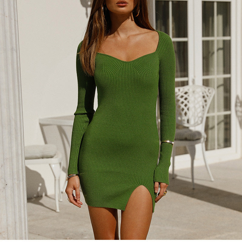 Green Long Sleeve Knitted Dress Elegant Sweetheart Neck Party Autumn Winter Bodycon Sweater Dress The Clothing Company Sydney