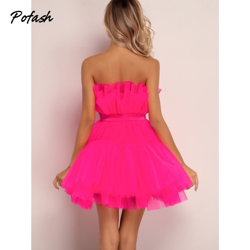 Mesh Solid Bow Mini Dress Women Layered Strapless Ball Gown Sexy Party Club Dress Backless Summer Dress The Clothing Company Sydney