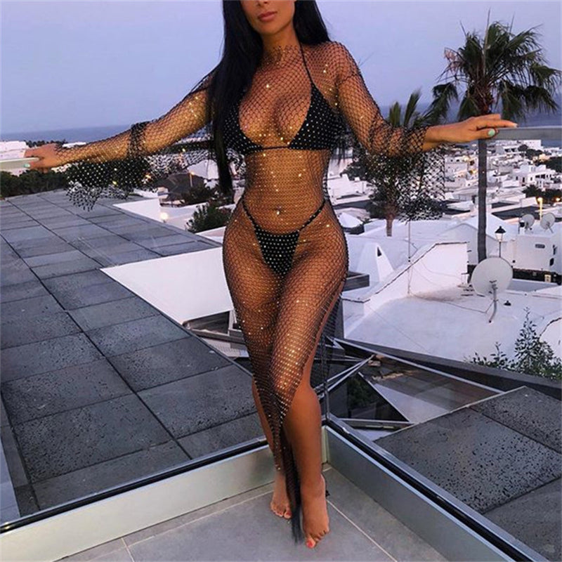 Shiny Rhinestones Grid Long Dress See Through Long Sleeves Fishnet Side Slit Long Dresses Chic Summer Beach Cover Up The Clothing Company Sydney