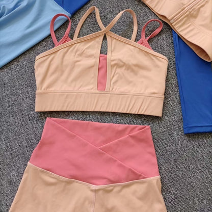 Layered Look Long Sleeve Yoga Crop Top Wrap V Waist Leggings Layered Cut Out Sports Bra Contrast Waist Shorts The Clothing Company Sydney