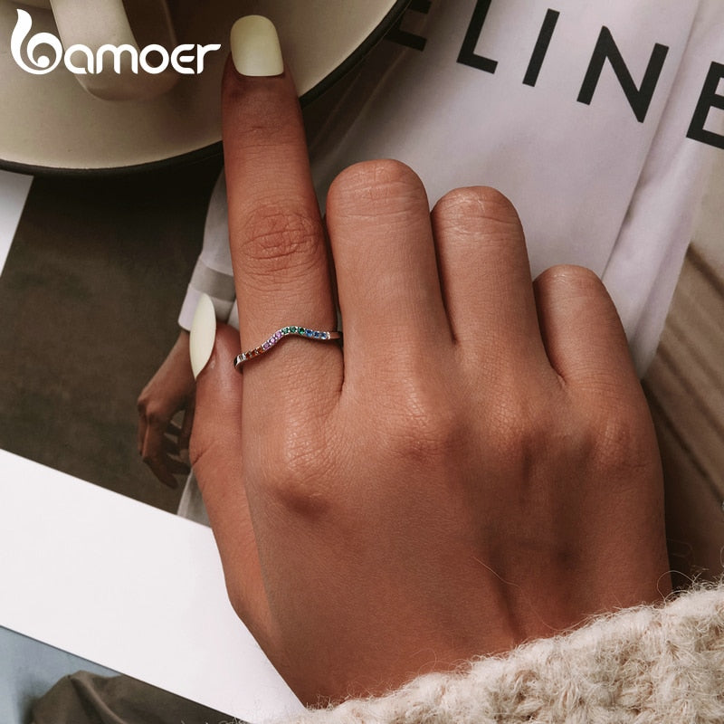 925 Sterling Silver Rainbow Color CZ Stackable Wedding Rings, Platinum Plated Elegant Finger Band Ring for Women The Clothing Company Sydney