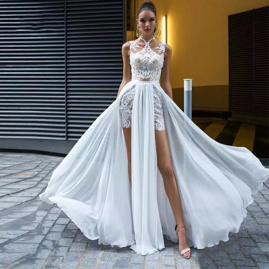 Double Side Split Halter Wedding Dresses A-Line Sleeveless Lace Appliques Backless Sweep Train Chiffon Bridal Gown The Clothing Company Sydney