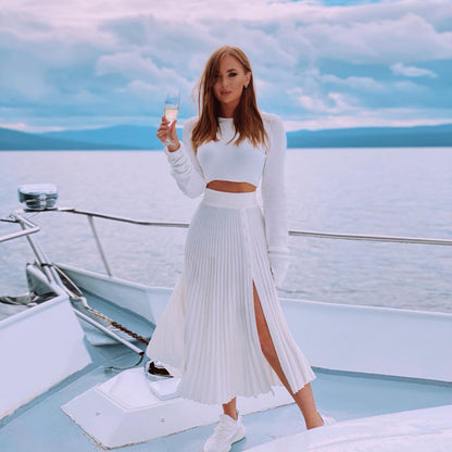 2 Piece Sweater Cropped Top Midi Skirt Matching Set Outfits Button Up Split Skirt Set The Clothing Company Sydney