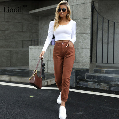 Women's Streetwear Cotton Elastic Waist Brown Jean Pants Women Denim Trousers With Pockets Spring Stretch Jeans The Clothing Company Sydney