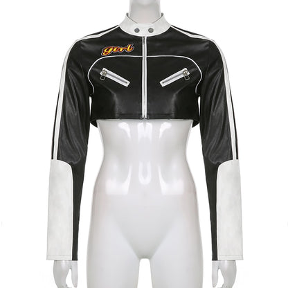 Streetwear Punk Style Patchwork Cropped PU Leather Jacket Women Zipper Autumn Winter Jacket Contrast Color Basic Coat The Clothing Company Sydney