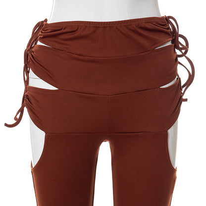 Side Hollow Out Lace Up High Waisted Flare White Brown Bottoms Trousers Fall Trendy Pants The Clothing Company Sydney