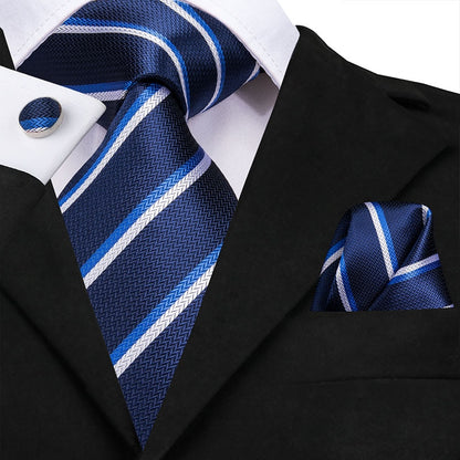 3 Piece Business Classic Blue Black Striped Solid Neck Tie Necktie Pocket Square Cufflinks Wedding Party Silk Tie Set The Clothing Company Sydney