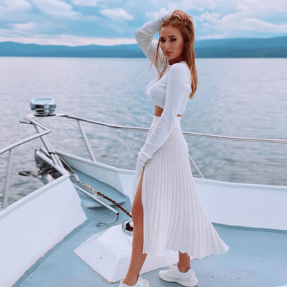 2 Piece Sweater Cropped Top Midi Skirt Matching Set Outfits Button Up Split Skirt Set The Clothing Company Sydney