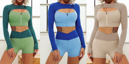 Layered Look Long Sleeve Yoga Crop Top Wrap V Waist Leggings Layered Cut Out Sports Bra Contrast Waist Shorts The Clothing Company Sydney