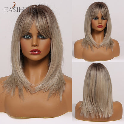 Short Straight Bob Wigs with Bang Golden Brown Natural Synthetic Hair for Women Daily Cosplay Heat Resistant Fiber Wigs The Clothing Company Sydney