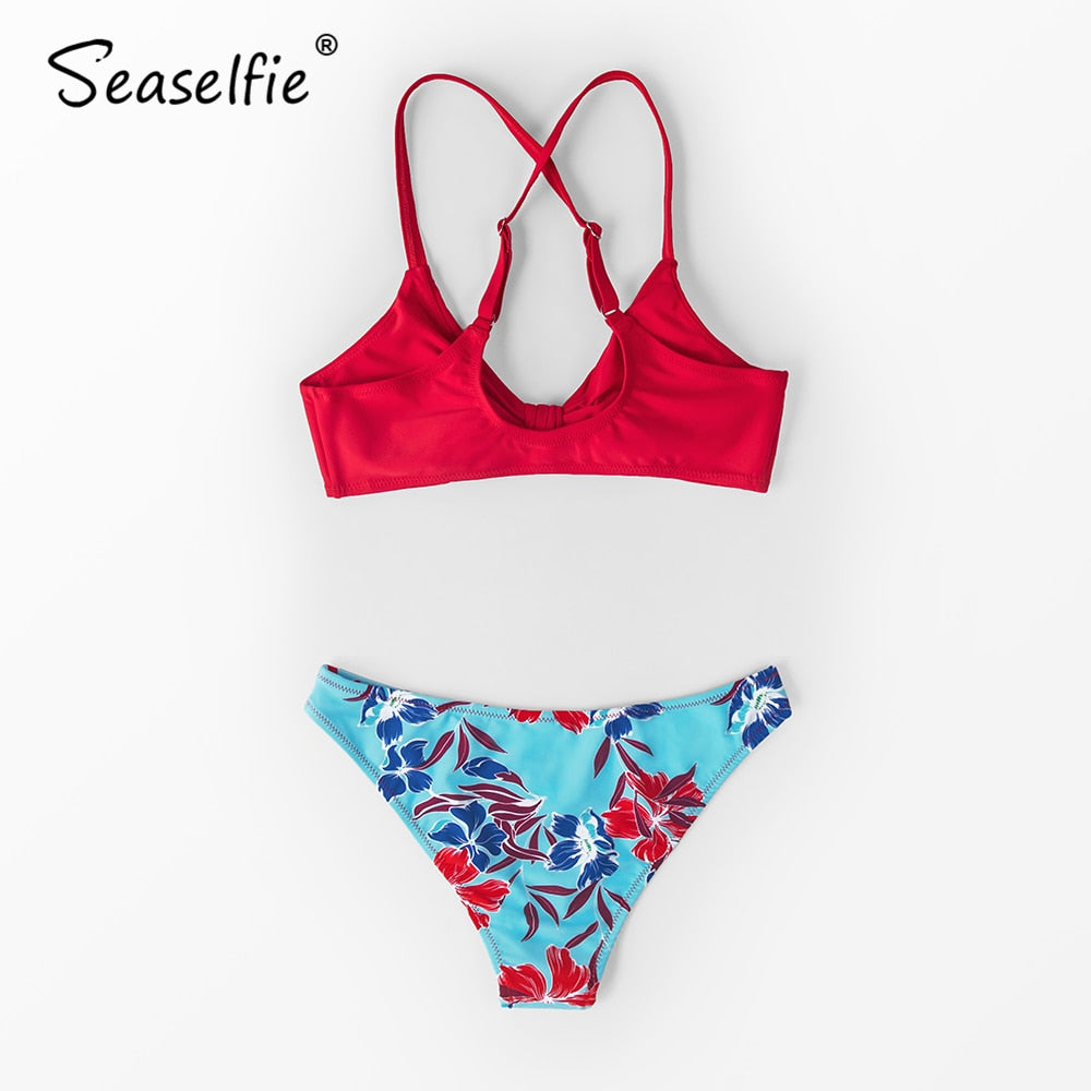 Red and Floral Print Low-Waisted Bikini Sets Swimsuit Bow-knot Two Piece Swimwear Beach Bathing Suits The Clothing Company Sydney