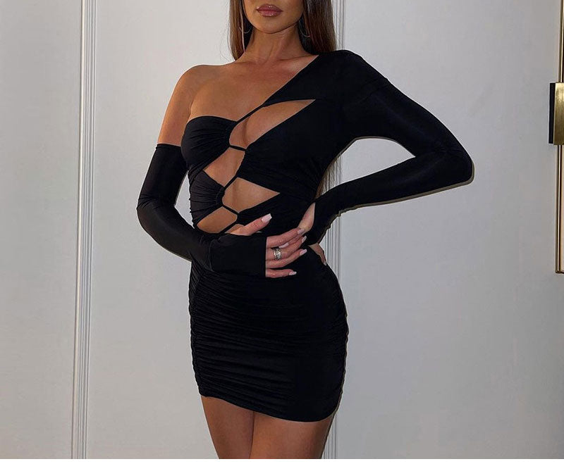 One Shoulder Bandage Bodycon Dress Long Sleeve Cut Out Mini Black Party Dresses Club Wear The Clothing Company Sydney