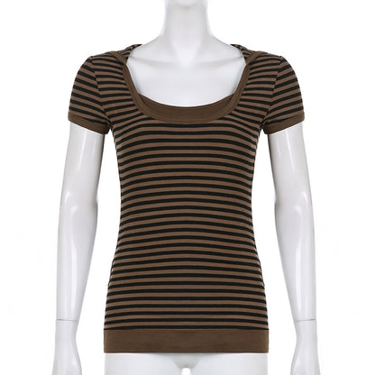 Y2K Striped Crop Top Hooded Short Sleeve T Shirt Women's Cute Retro Brown Summer Tee Casual Tshirt The Clothing Company Sydney