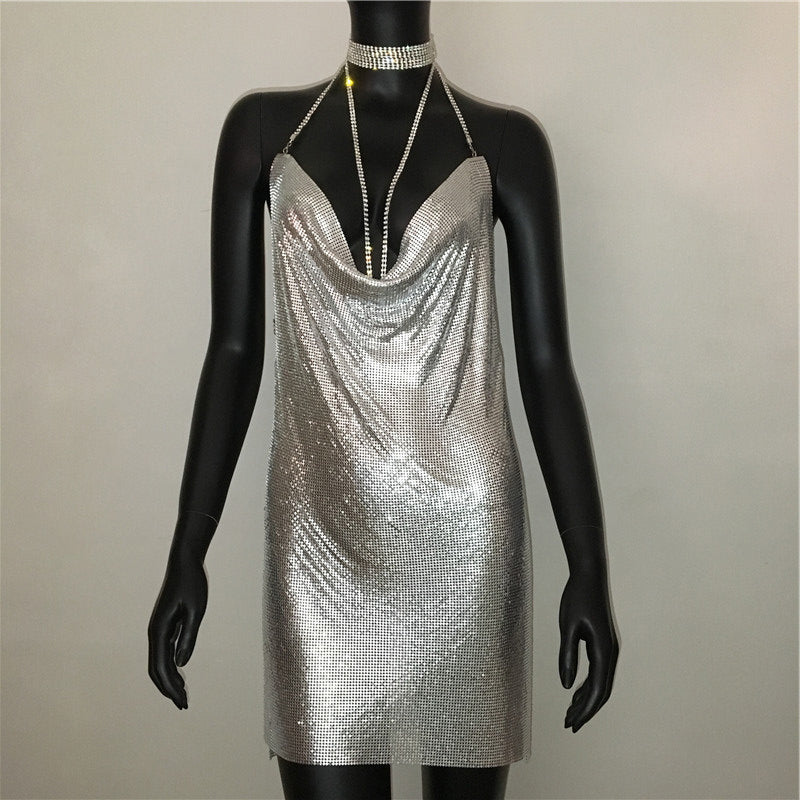 Gold Sequined Patchwork Mini Dress Women Sleeveless Low Cut Metal Chains Halter Slim Charming Nightclub Party Dresses The Clothing Company Sydney