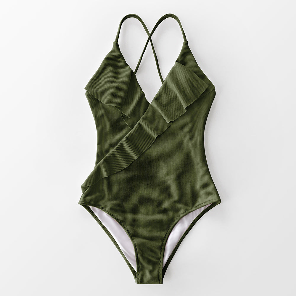 Solid One-piece Swimsuit Falbala V neck Ruffle Monokini  Beach Bathing Suit Swimwear The Clothing Company Sydney