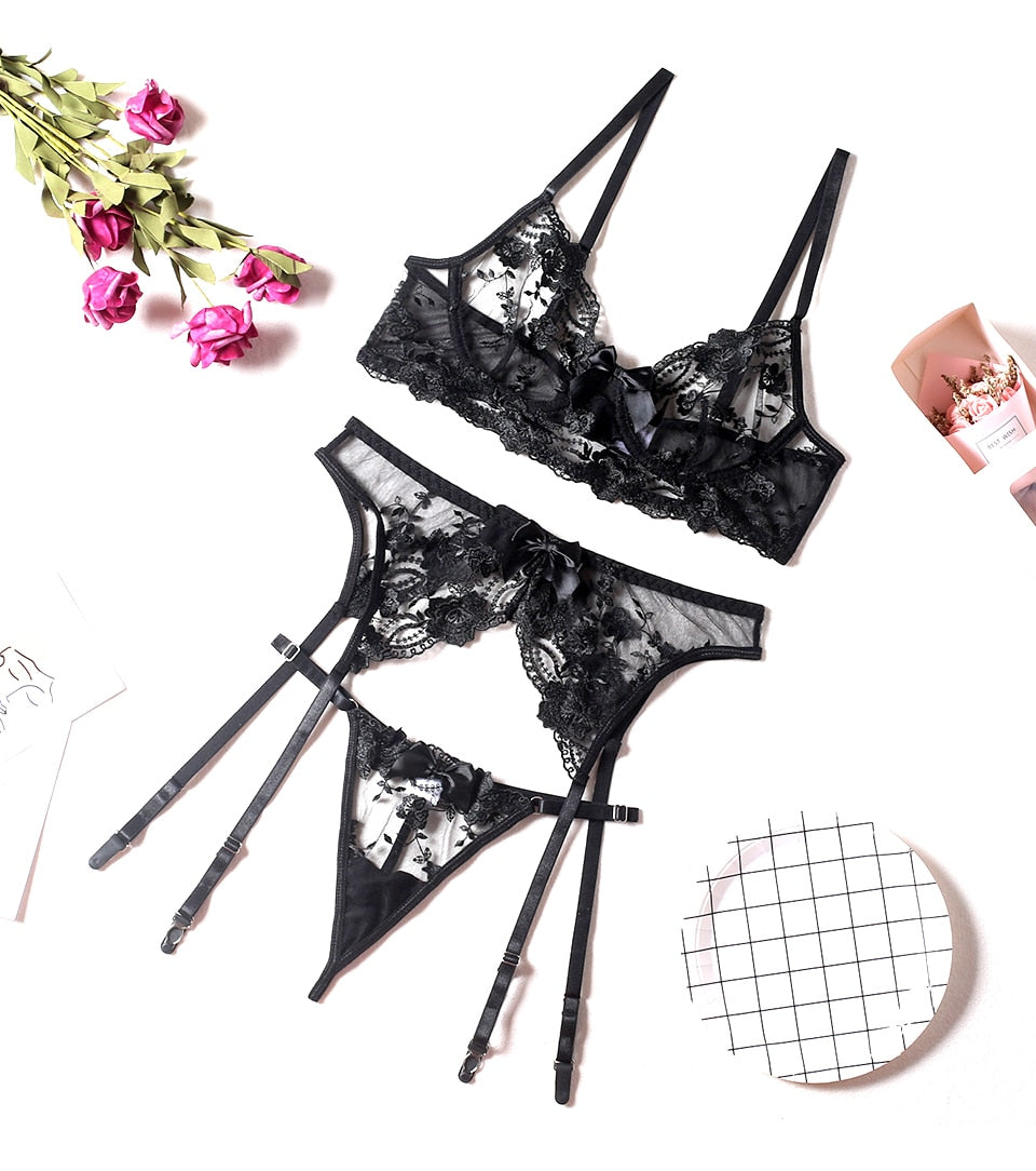 Floral Embroidery Thin Transparent Bralette Lace Push Up Bra Garters 3 Piece Sensual Lingerie Set The Clothing Company Sydney