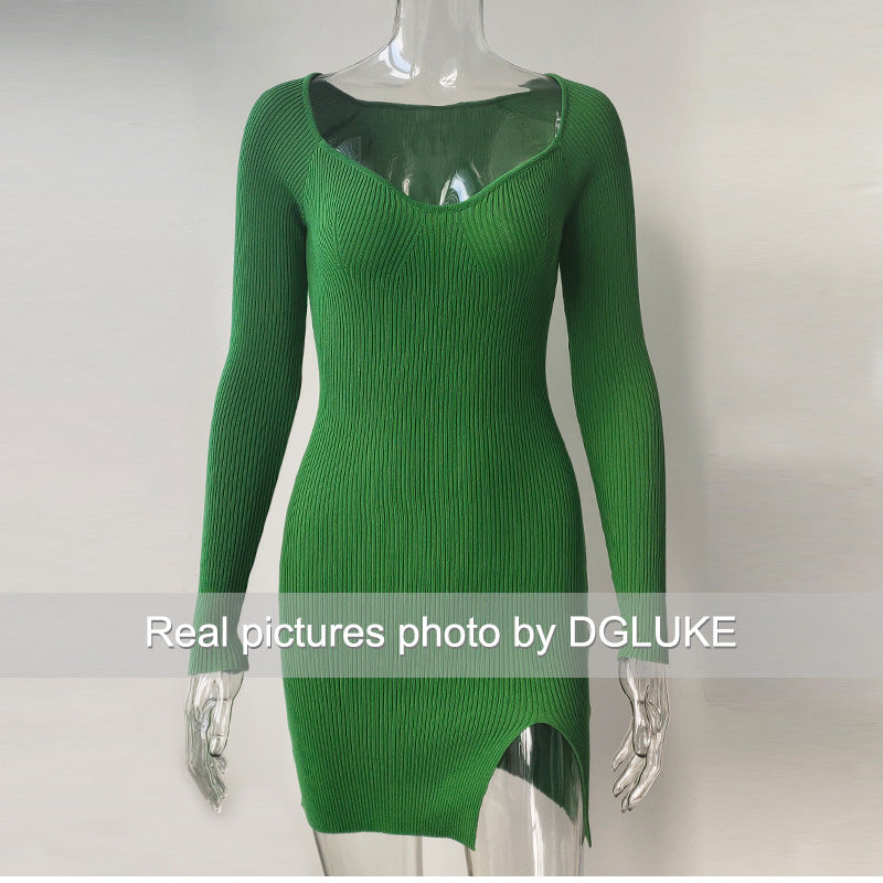 Green Long Sleeve Knitted Dress Elegant Sweetheart Neck Party Autumn Winter Bodycon Sweater Dress The Clothing Company Sydney