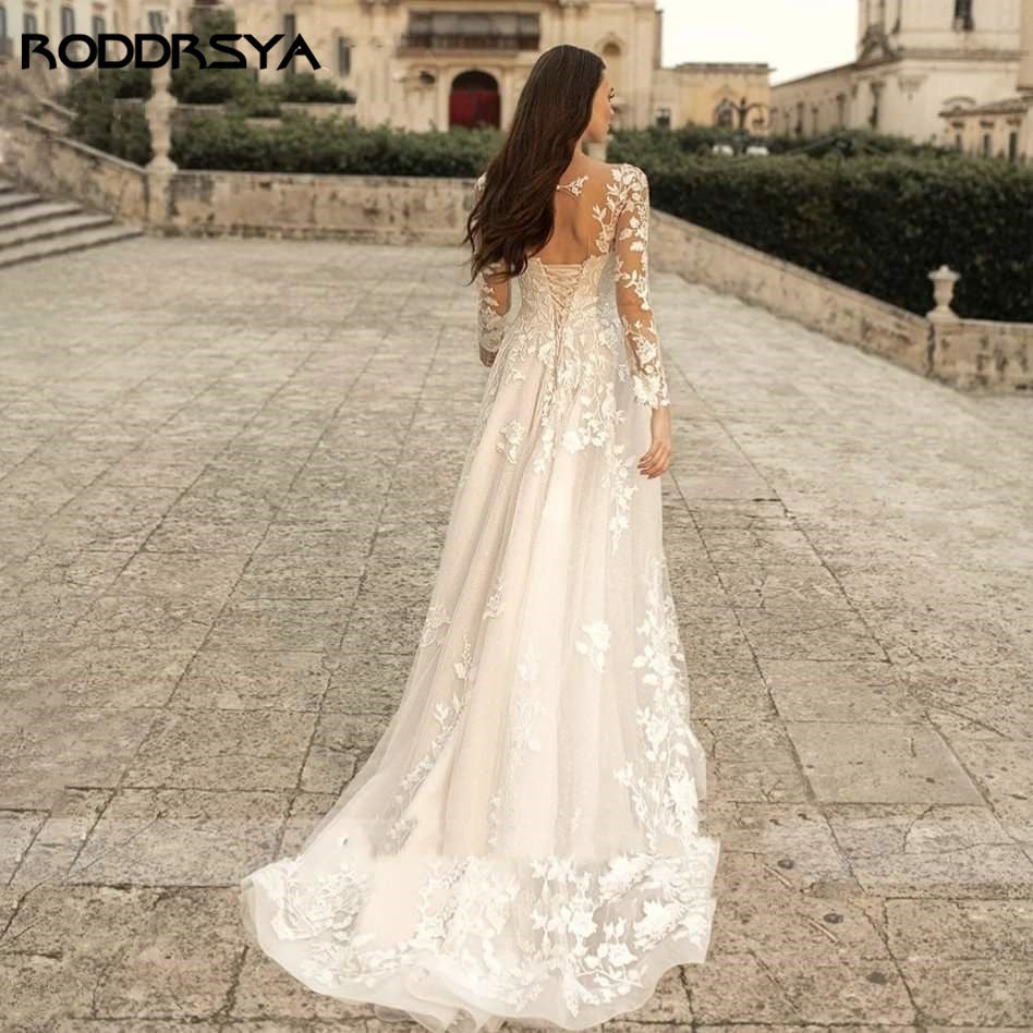 Elegant O-Neck Wedding Lace  A-Line Boho Long Sleeves Wedding Bride Gowns Dress The Clothing Company Sydney