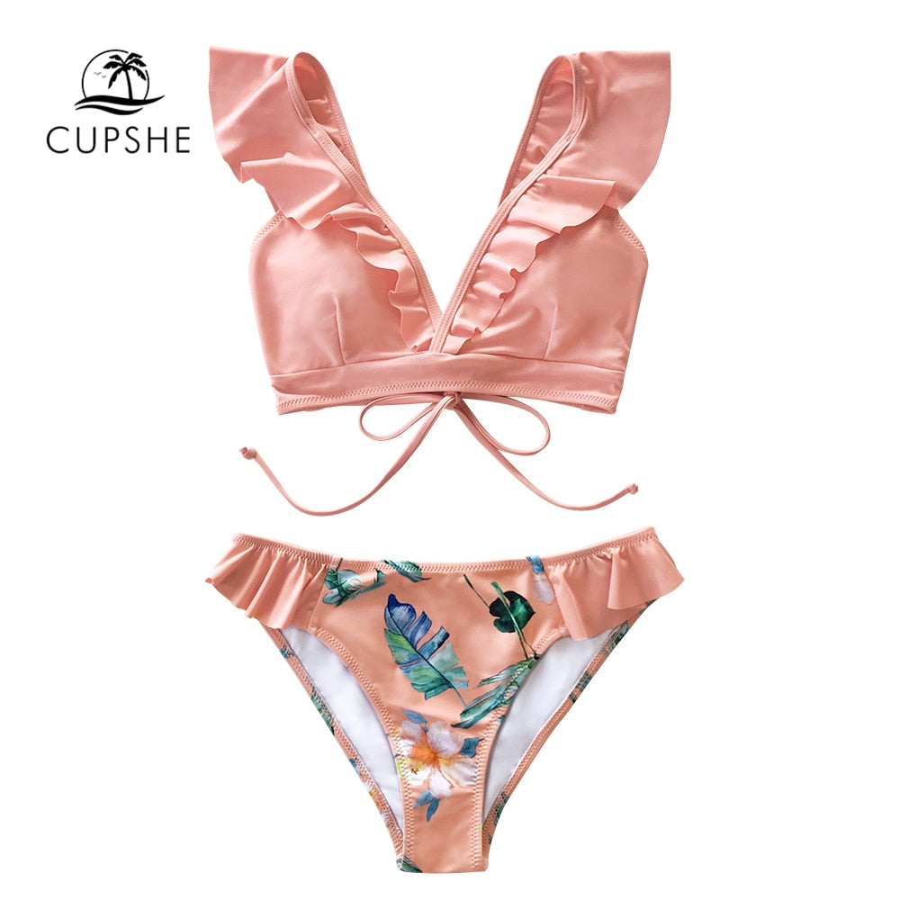 Tropical Pink Ruffle Bikini Sets Lace Up Low-waist Swimsuit Two Piece Swimwear Beach Bathing Suits The Clothing Company Sydney