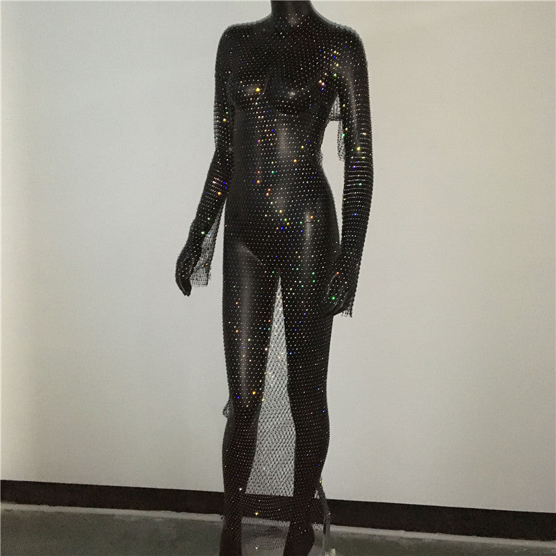 Shiny Rhinestones Grid Long Dress See Through Long Sleeves Fishnet Side Slit Long Dresses Chic Summer Beach Cover Up The Clothing Company Sydney