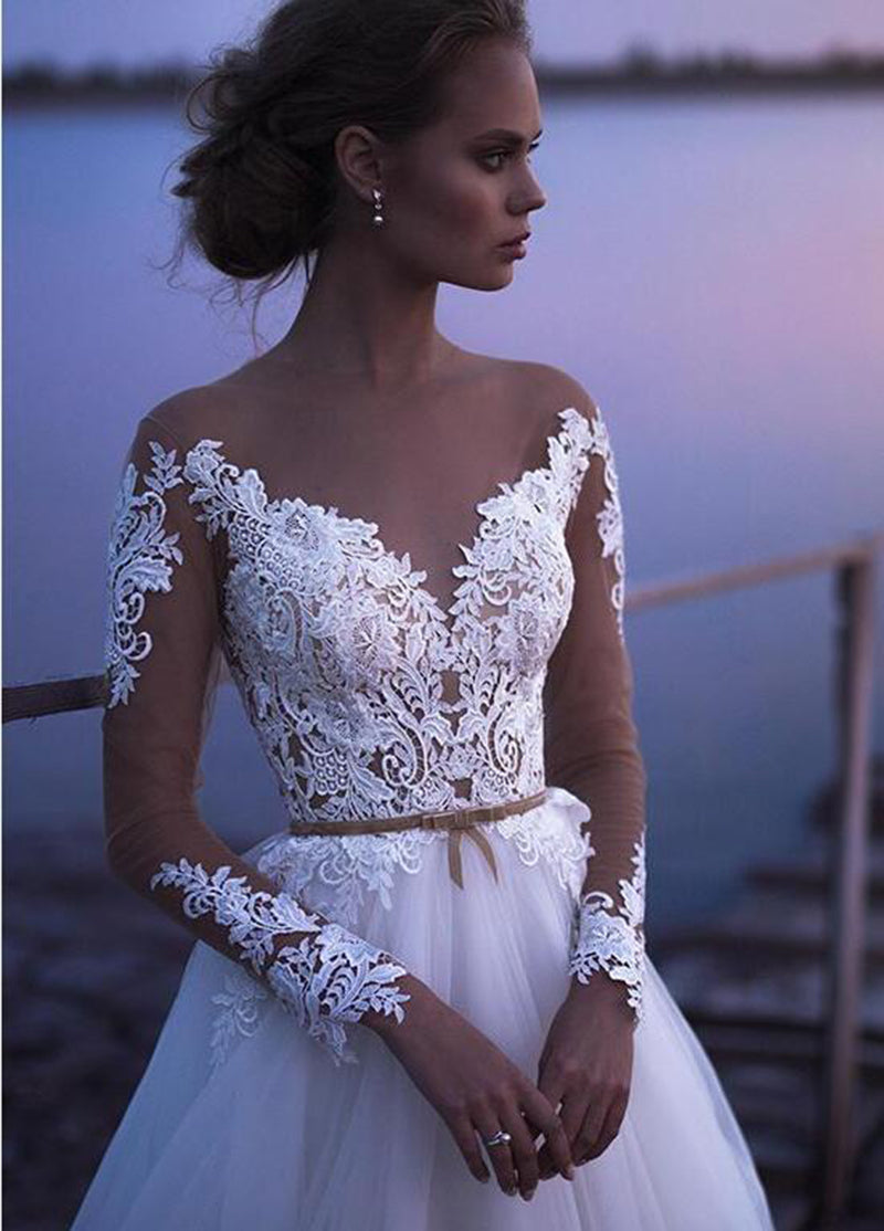 Boho Wedding Dress Modern Lace Appliques Long Sleeves Beach Bride Dress Illusion Back Tulle Princess Wedding Gowns The Clothing Company Sydney