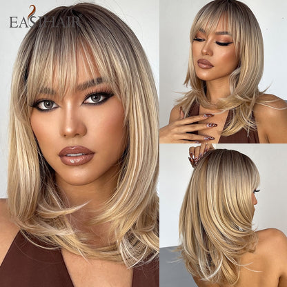 Short Straight Bob Wigs with Bang Golden Brown Natural Synthetic Hair for Women Daily Cosplay Heat Resistant Fiber Wigs The Clothing Company Sydney