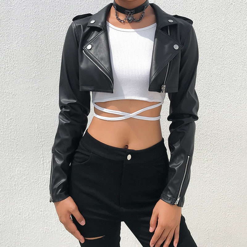 Street Motorcycle Faux Leather Jacket Women's Zipper Cropped Jacket Coat Outerwear Autumn Basic Jackets Ladies Jacket The Clothing Company Sydney