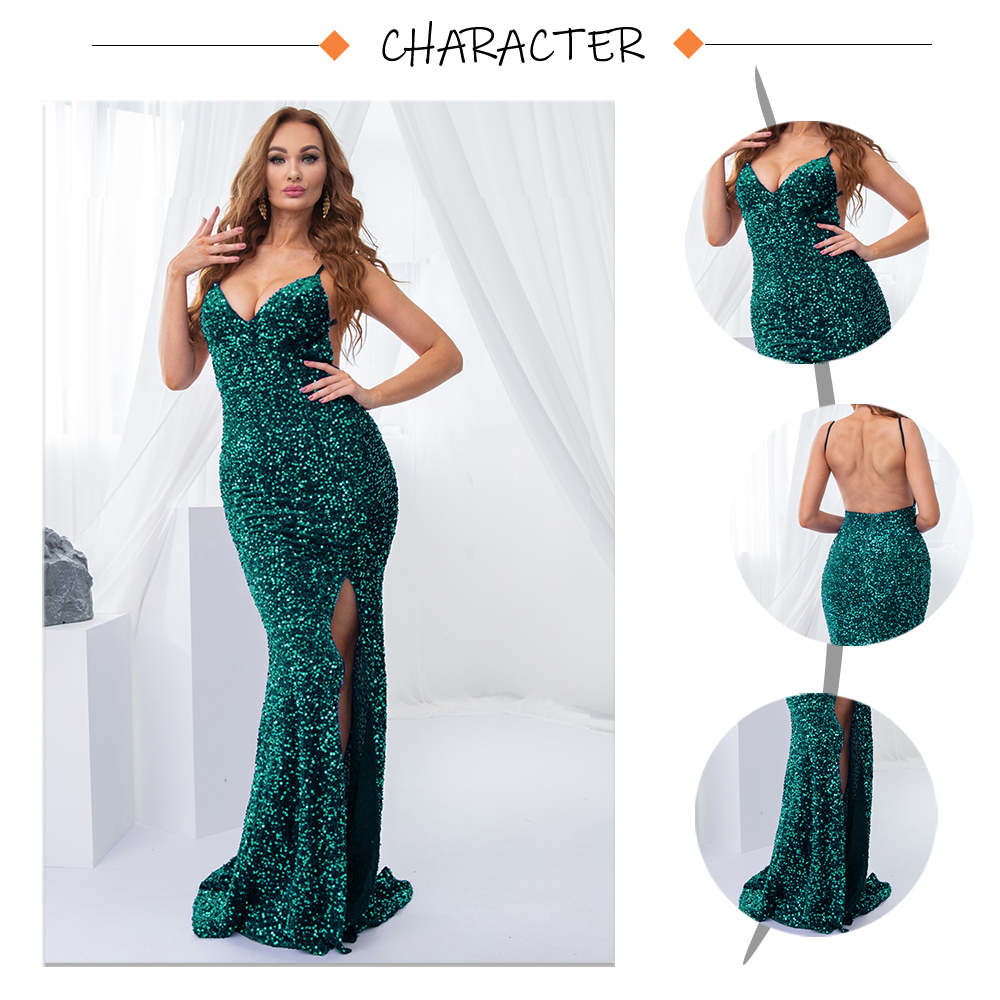 Sequin Backless Slip Mermaid Long Party Luxury V Neck Velvet Stretch Slit Sleeveless Cocktail Prom Formal Dress The Clothing Company Sydney