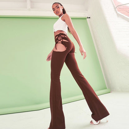 Side Hollow Out Lace Up High Waisted Flare White Brown Bottoms Trousers Fall Trendy Pants The Clothing Company Sydney