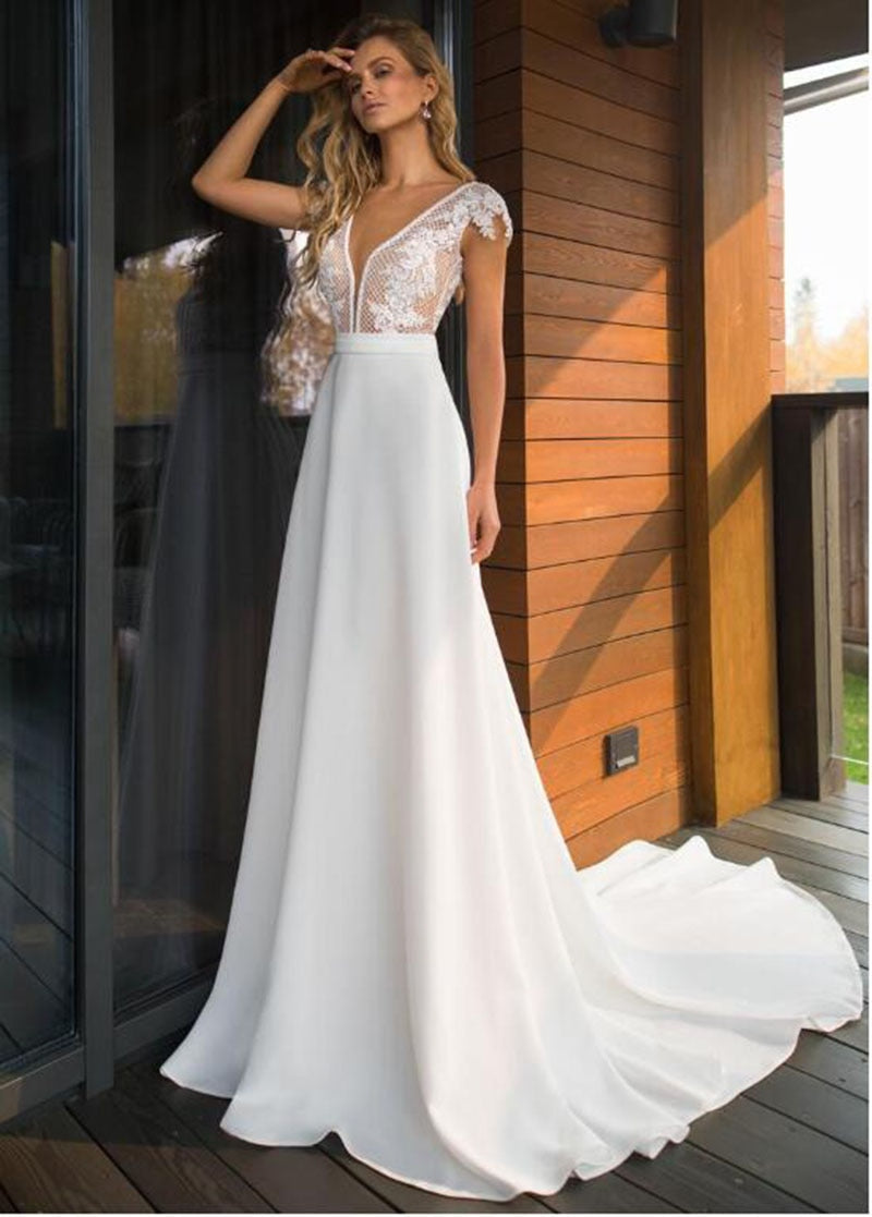 Elegant Satin V-neck A-line Wedding Dresses Boho Bridal Gowns Backless Vestido de noiva Plus size Wedding Dress The Clothing Company Sydney