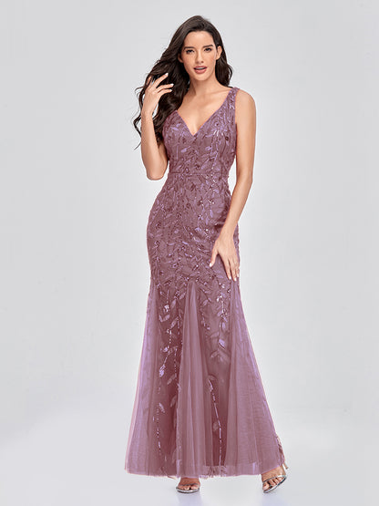 Sleeveless V-neck Tulle Sequins Cocktail V-back Mermaid Party Prom Gown Formal Occasion Embroidered Formal Dress The Clothing Company Sydney