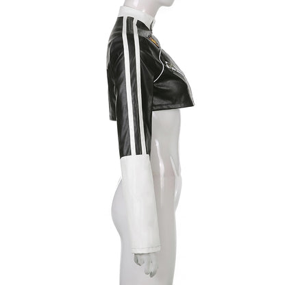 Streetwear Punk Style Patchwork Cropped PU Leather Jacket Women Zipper Autumn Winter Jacket Contrast Color Basic Coat The Clothing Company Sydney