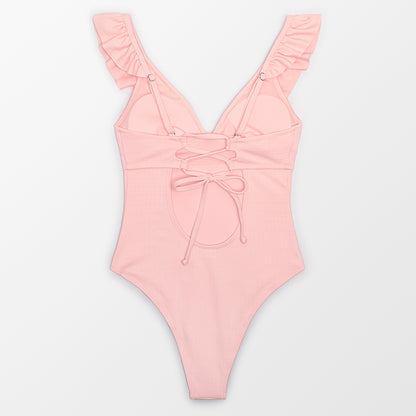 Solid Black Ruffled One-piece Swimsuit Lace Up Monokini Swimwear Beach Bathing Suits The Clothing Company Sydney