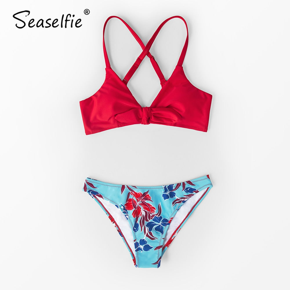 Red and Floral Print Low-Waisted Bikini Sets Swimsuit Bow-knot Two Piece Swimwear Beach Bathing Suits The Clothing Company Sydney