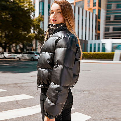 Winter Warm Thick PU Leather Coats Women's Short Parkas Fashion Black Cotton Padded Down Jacket With Elegant Zipper The Clothing Company Sydney