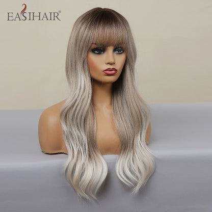 Ombre Gray Ash Wavy Wigs with Bang Light Blonde Platinum Synthetic Long Hair for Women Daily Party Heat Resistant Fiber Wigs The Clothing Company Sydney