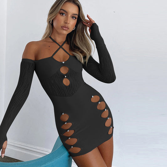 Halter Neck Off Shoulder Cut Out Bodycon Mini Dress Women Long Sleeve Backless Flocking Goth Black Dresses The Clothing Company Sydney