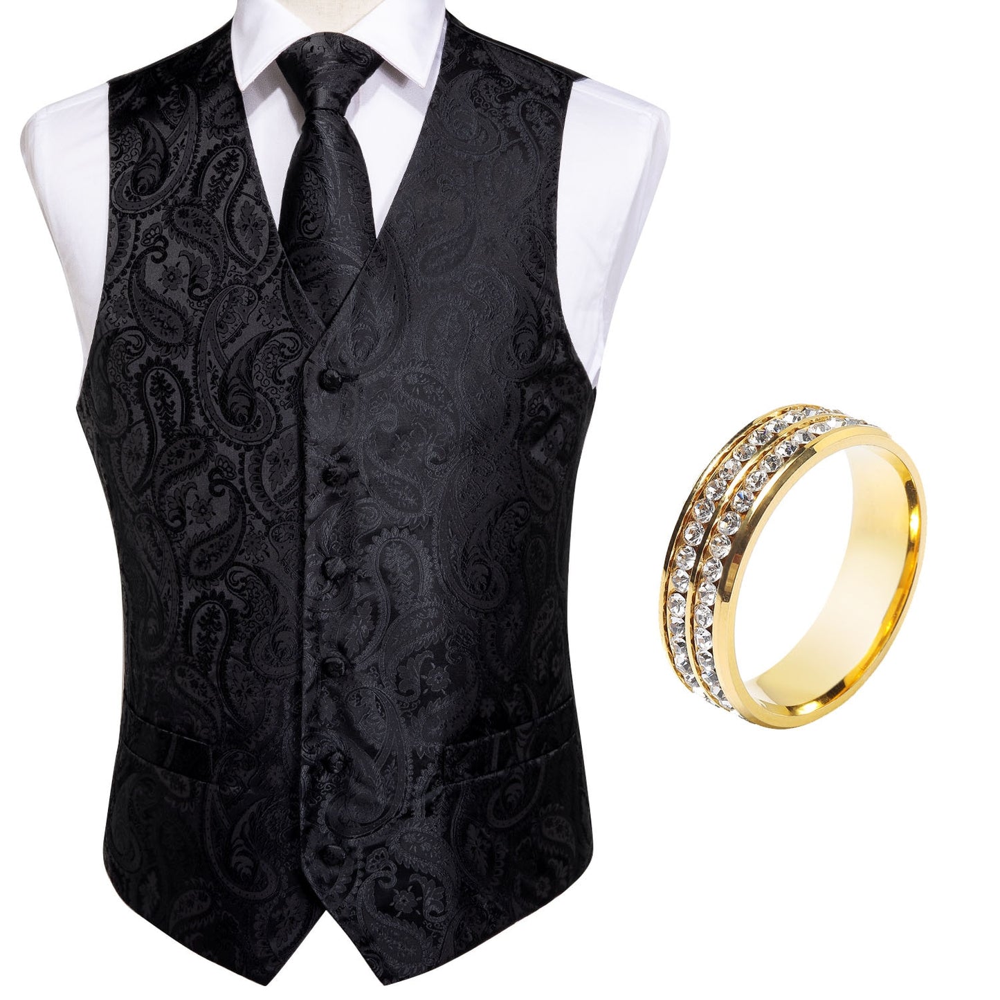 5 Piece Classic Black Wedding Vest for Men Silk Suit Vest Tie Ring Cufflinks Hanky Set for Party Formal Dress Business Casual Waistcoat The Clothing Company Sydney